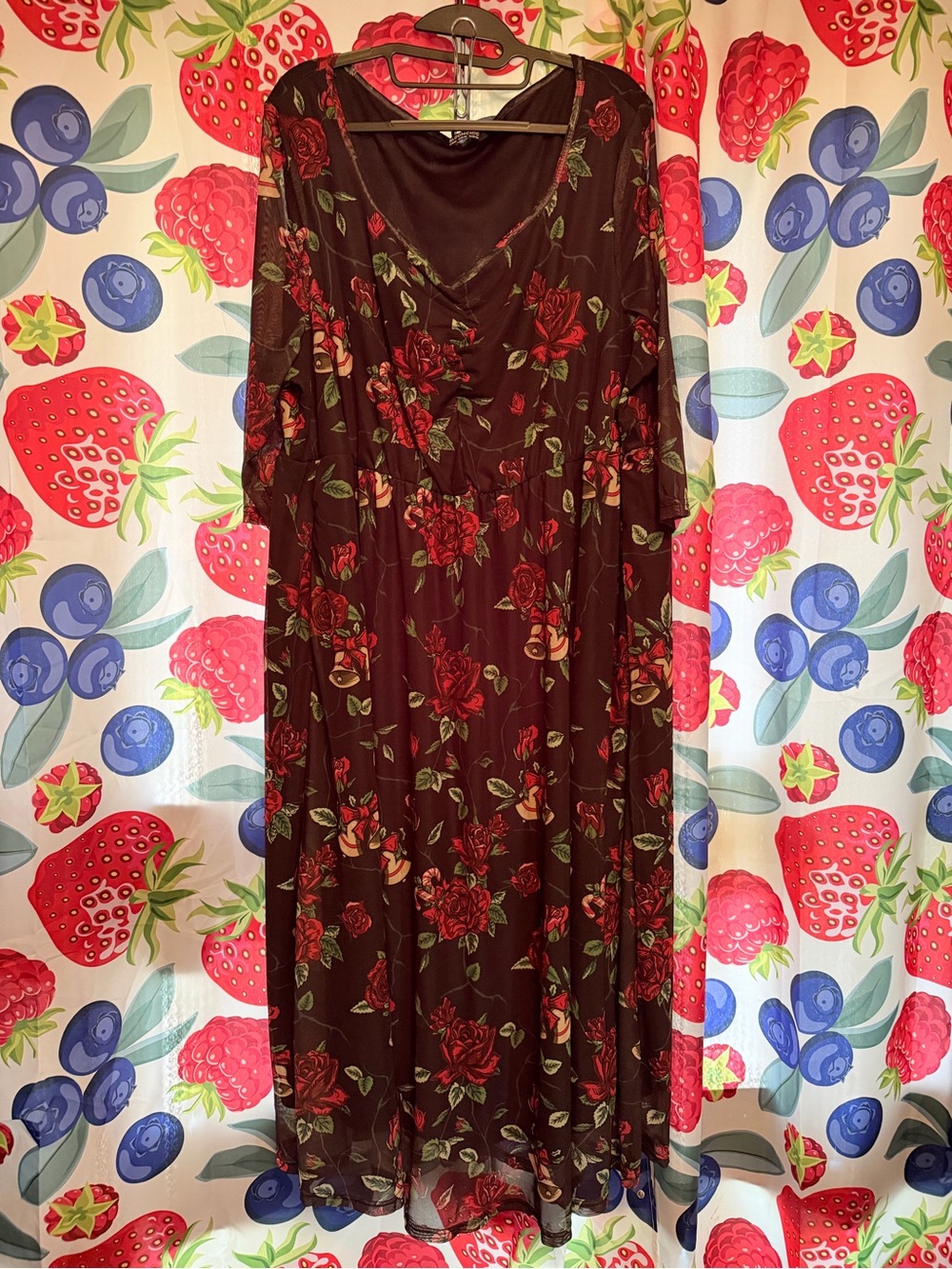 Women's Floral Maxi Dress - Burgundy with Red Roses
